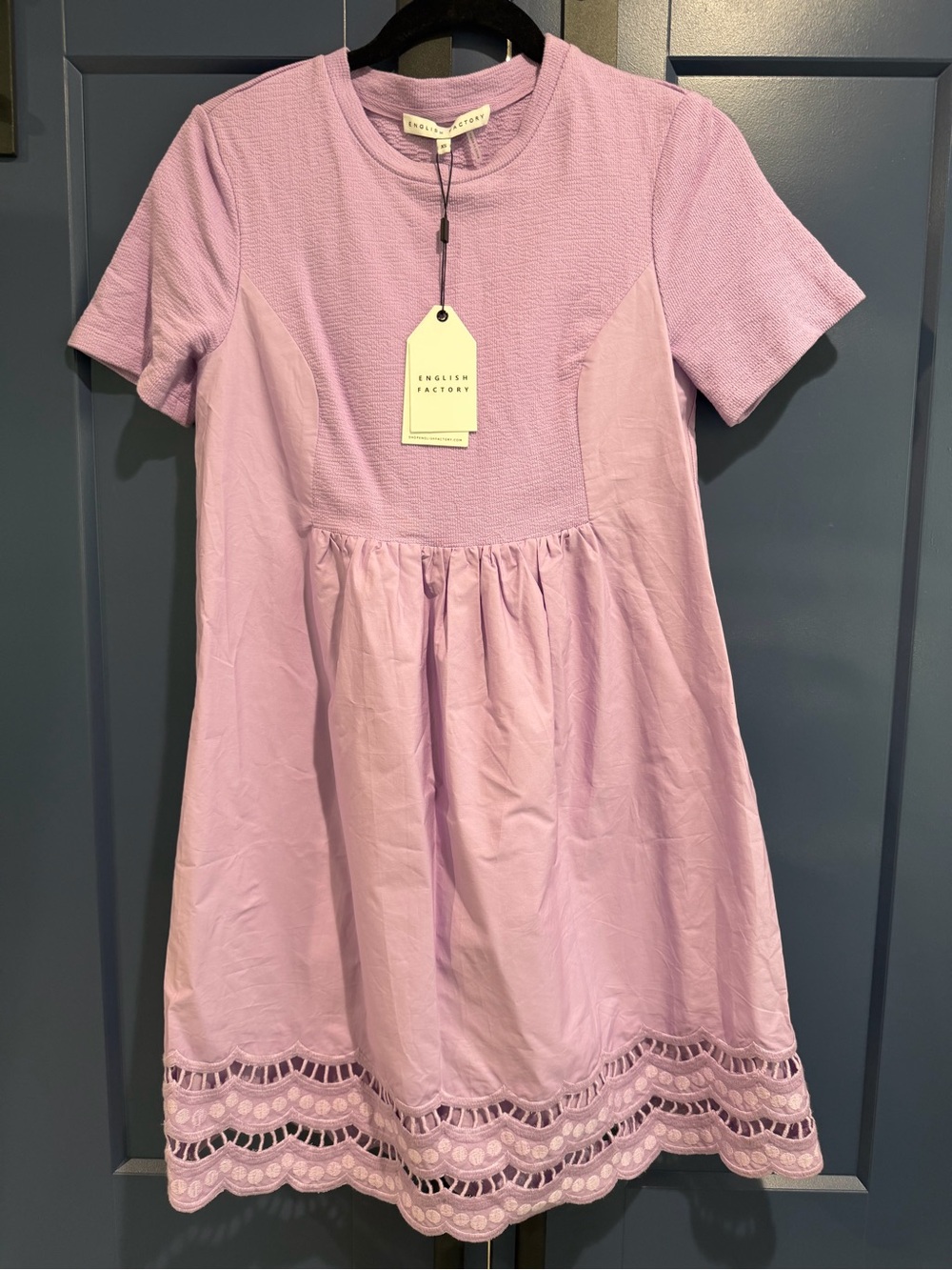 English Factory Lavender Short-Sleeve Lace-Hem Mini Dress